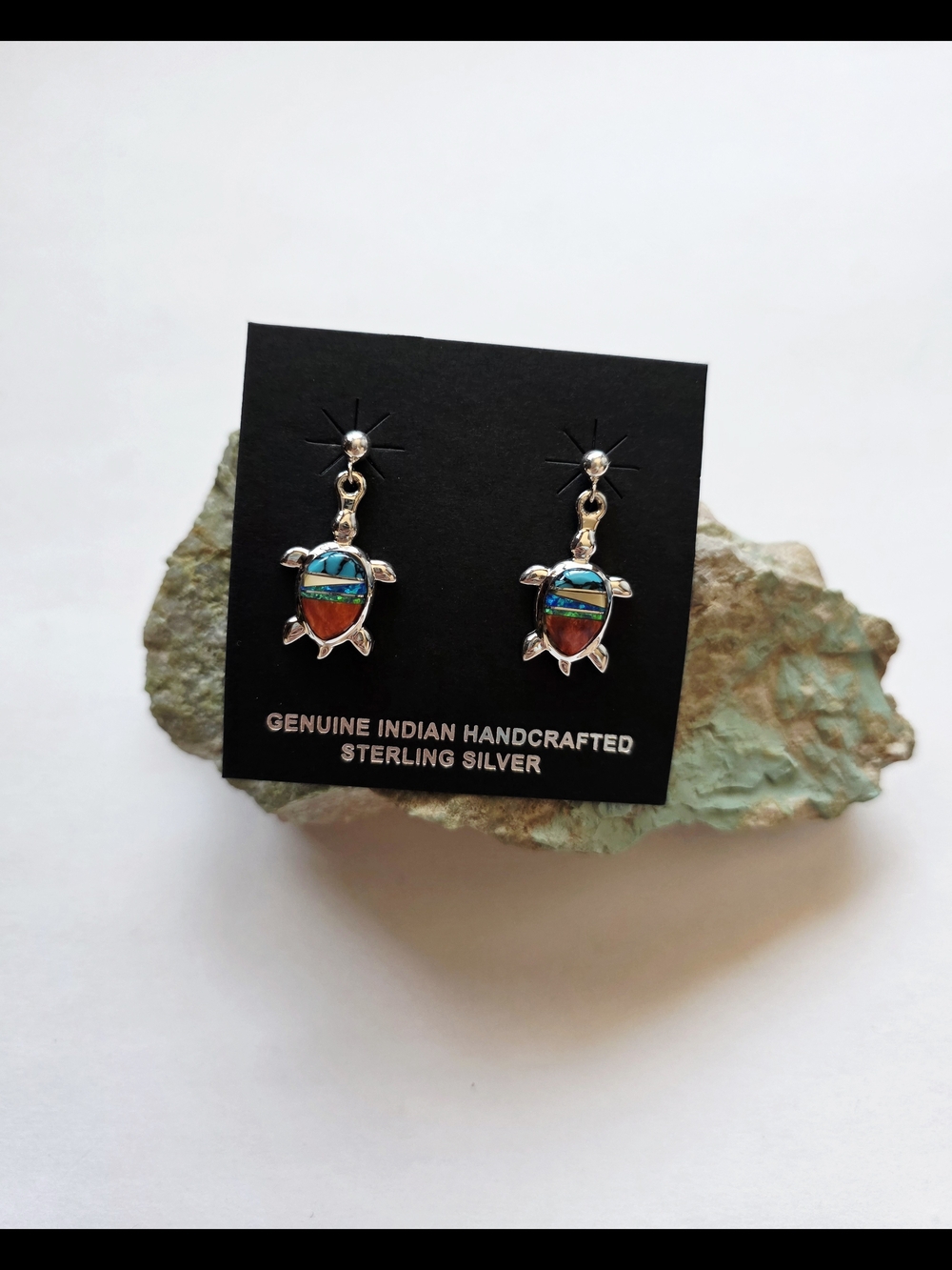 Handcrafted Sterling Silver Turtle Drop Earrings - Multicolor Inlay
